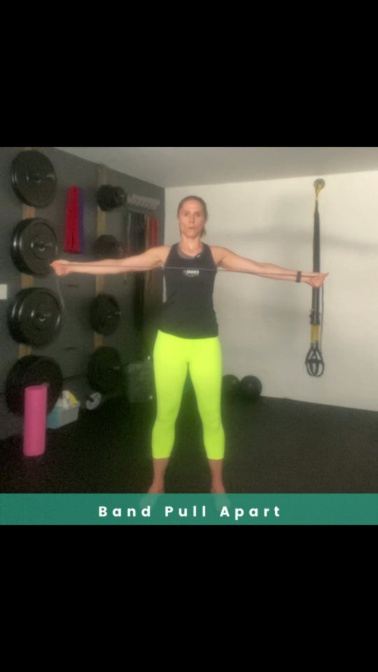 Band Pull Apart – Palms Up

The band pull apart is a great exercise for your posture. 

Stand in a comfortable stance, feet about hip width apart, soft knees. 

Extend your arms in front of you at shoulder height and hold a band in both hands with your palms up.

Pull your arms apart to the sides and bring the band to your chest by engaging your upper back muscles. 

Return arms to the center and repeat the exercise, keeping your palms up at all times.

Breathe out through the mouth as you pull the band apart and in through the mouth as you return your arms to center